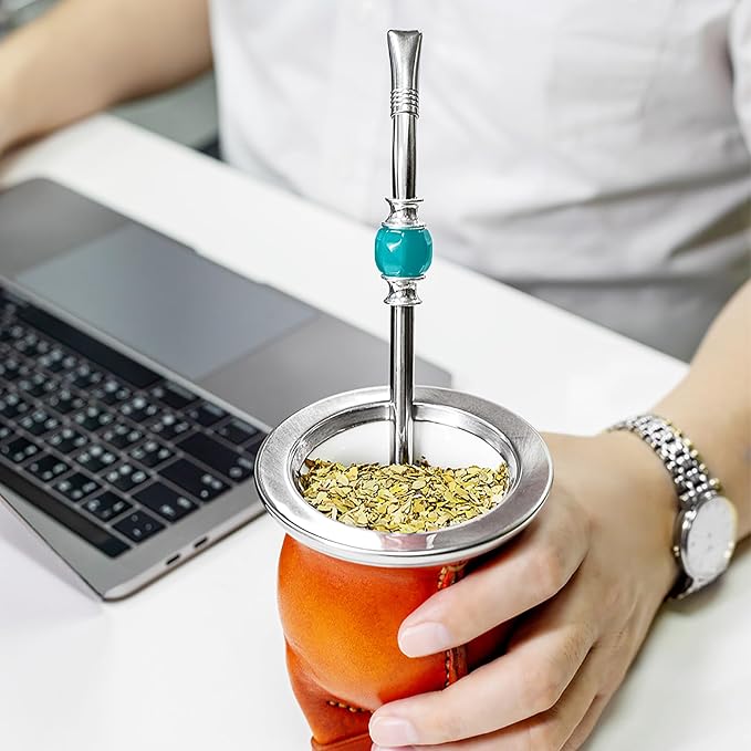 CUOPRU Yerba Mate Bombillas Set - Included Mate Gourd Stainless Steel Straws with Straw Case, Removable Head Filter, Colorful Bead, Cleaning Brush (Blue and White)