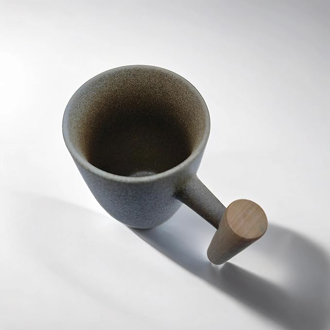 Hippo Family Vintage Ceramic Mug with Wooden Handle, 12oz, Rustic Matte Ceramic Glaze,Japanese Style (Stone)
