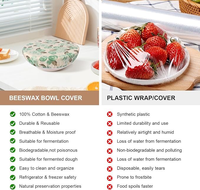 Reusable Bowl Covers for Bread Proofing - Beeswax Bowl Covers Reusable 3 Set, Cotton Blend Stretch Design, Fits 4-13 Inch Bowls, Shower Caps for Sourdough Bread, Dough Proofing & Food Storage(Roses)