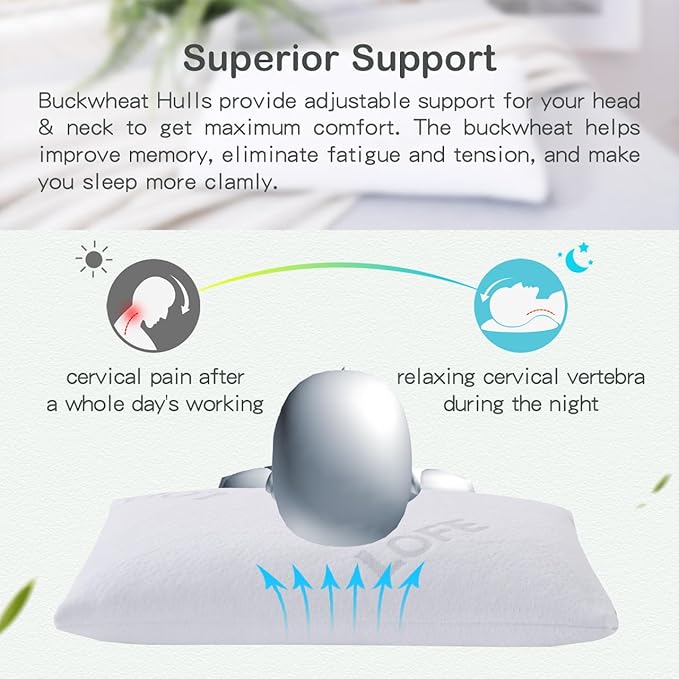 LOFE® Organic Buckwheat Pillow for Sleeping -14''x20'', Adjustable Loft, Breathable for Cool Sleep, Cervical Support for Back and Side Sleepers(Tartary Buckwheat Hulls, A Removable Pillowcase)