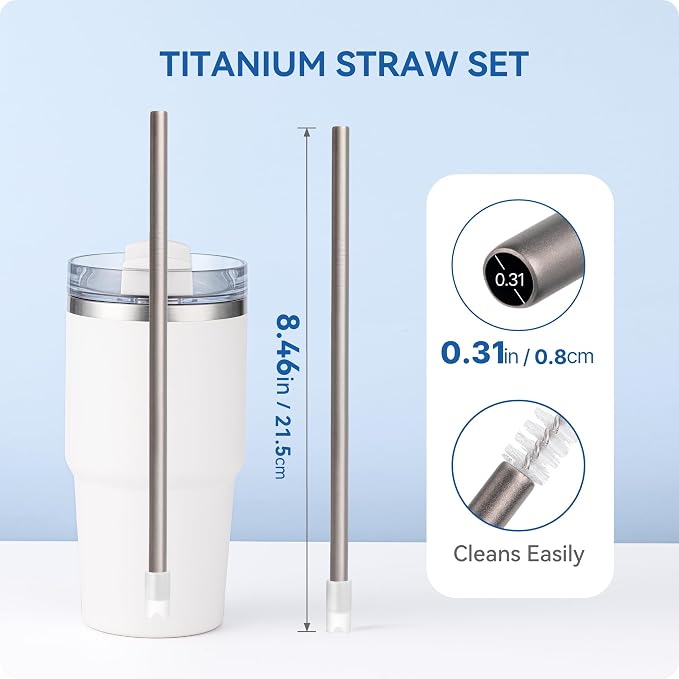 Heavy - Duty Titanium Straws 8.5" Reusable for 20 oz Tumlbers | Metal Drinking Straws for All Kinds of Hot & Cold Drinks, Eco Conscious, BPA Free with Cleaning Brush(No Silicone Tips)