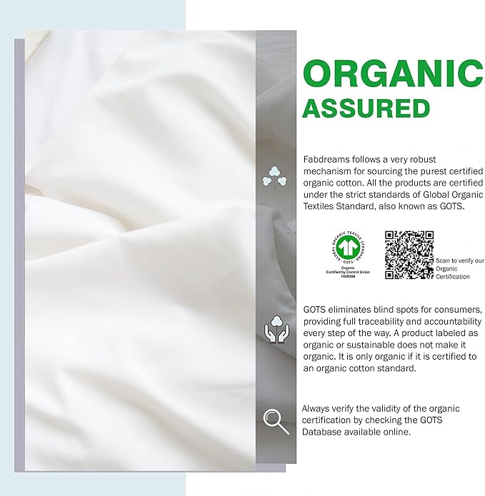 Fabdreams GOTS Certified 100% Organic Cotton Duvet Cover King Size - 400 TC Sateen - Soft - Silky - Button Closure - Edge Ties - 1 Duvet Cover (106"x92")+2 Pillow Shams (20"x36") - White
