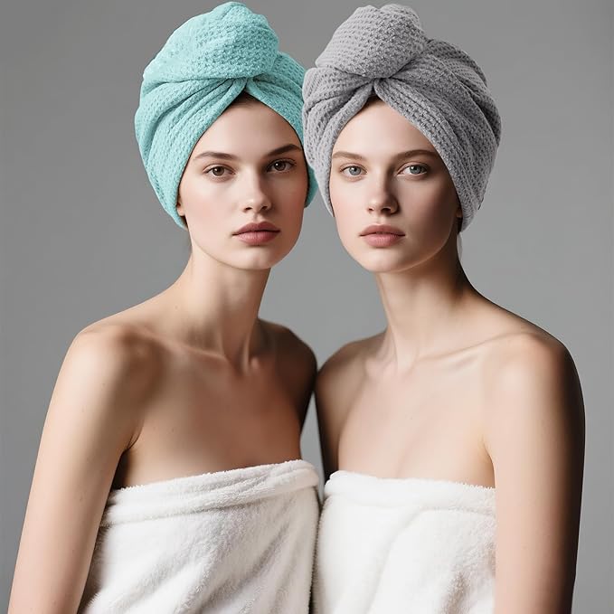 ROLSHOL 2 Pack Microfiber Hair Towel Wrap for Women, 32" x 11" Waffle Weave Hair Plopping Towel for Curly, Long & Thick Hair, Anti-Frizz Hair Turbans for Wet Hair (Gray,Cyan Blue)