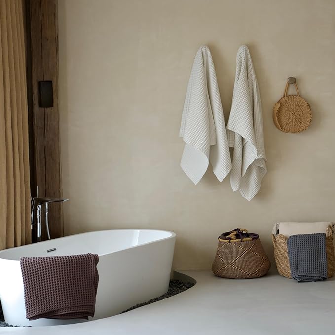 Luxury Organic Japanese Cotton Waffle Bath Towel | Thick, Absorbent, Quick Dry Bathroom Towels for Shower, Sauna, Onsen| Hotel & Spa Quality, Gift-Ready (Shell White, Bath Sheet (2 Pack))