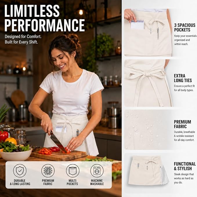 Waist Apron with 3 Pockets Waterdrop Resistant Premium Cotton Waitress Apron 10 Color Option Server Apron Chef Apron (OFF WHITE, PACK OF 12)