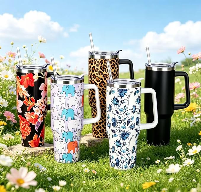 SYACOT 40 oz Tumbler with Handle and Straw Stainless Steel Insulated Tumbler Leak Proof Lid and Straw Lid Reusable Travel Mug Coffee Mug Cup Dishwasher Safe Keep Drinks Cold and Hot (Grey&Black)