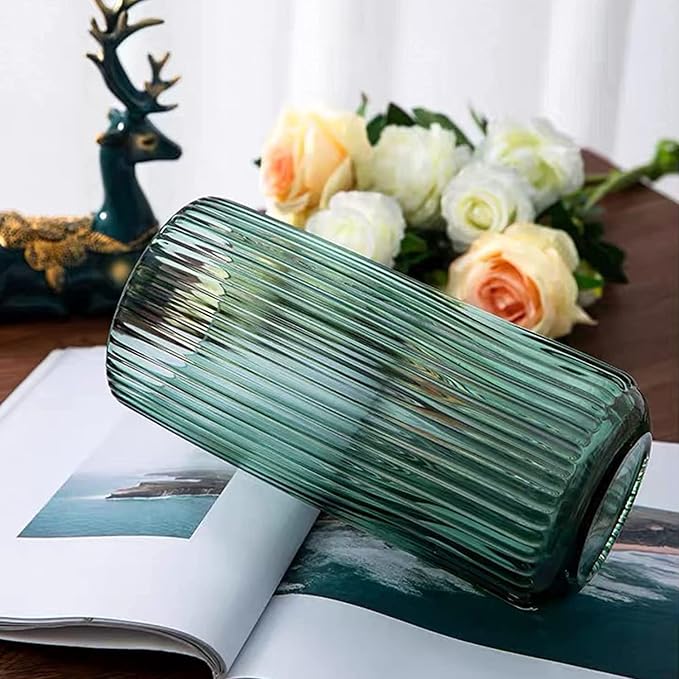 DECORPIA 8 Inch Premium Thickened Green Glass Vase - Ribbed Glass Flower Vase for Rustic Home Decor, Decorative Vases for Flowers for Modern Farmhouse, Ideal for Shelf, Mantle, Table Entryway Décor