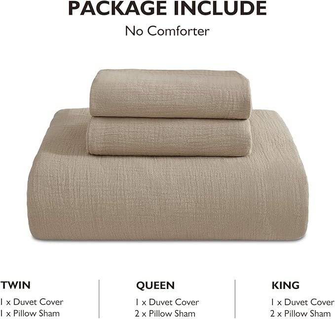EMME Muslin Cotton Duvet Cover Set Khaki Queen Size Linen Like Soft Breathable Lightweight Summer Comforter Cover Set with Zipper Closure (Khaki, Queen, 90"x90")