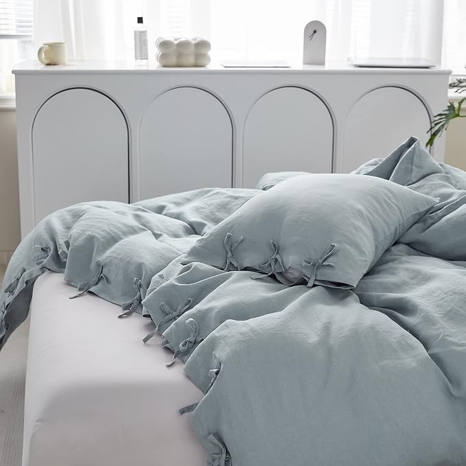 Simple&Opulence 100% Linen Duvet Cover Set 3pcs with Bowknot Ties Closure Natural French Washed Flax Solid Color Soft Breathable Farmhouse Bedding - Dusty Blue, King Size