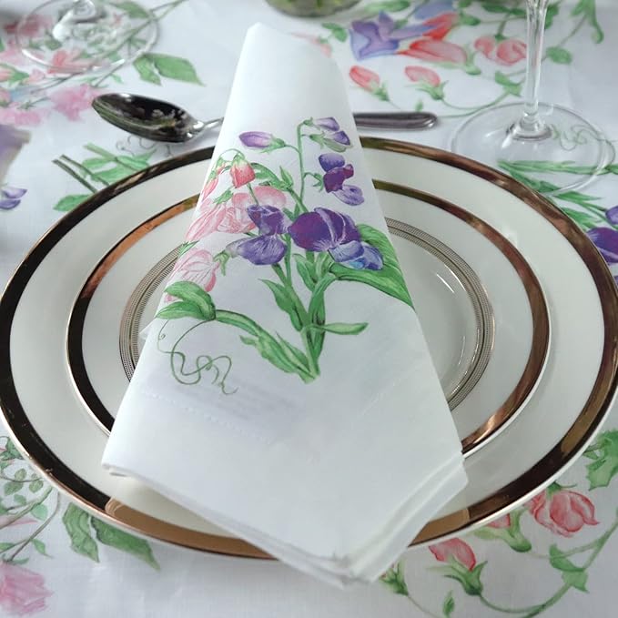 Huddleson Sweet Pea Floral Print Linen Napkin 20x20 (Set of Four) Luxury Italian Linen Napkin Sewn in US