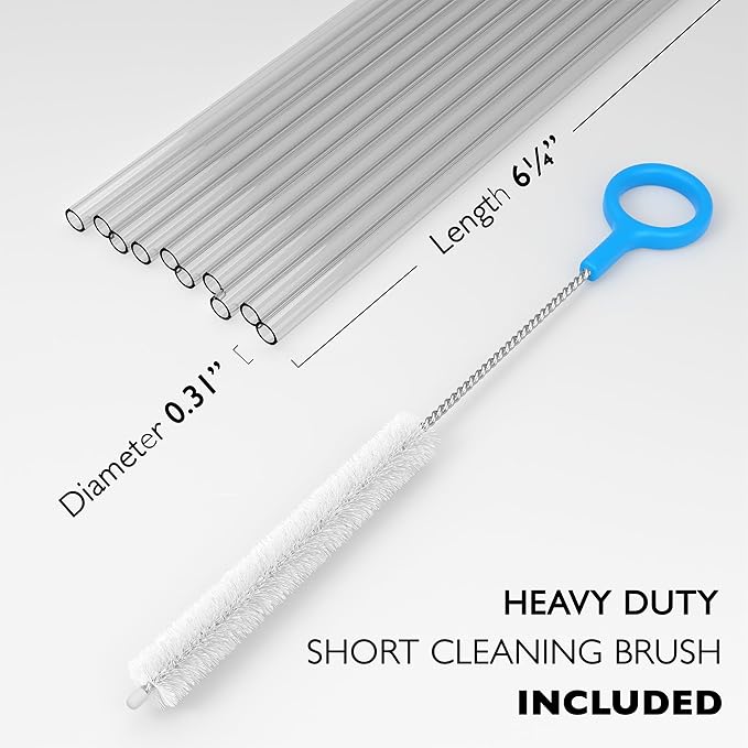 Fiesta First 10 Short Clear Straws - Hard Semi-transparent Plastic Reusable Drinking Straws + Sturdy Cleaning Brush - for Cocktails, Small Cups, Kids Drinks - Dishwasher Safe BPA Free