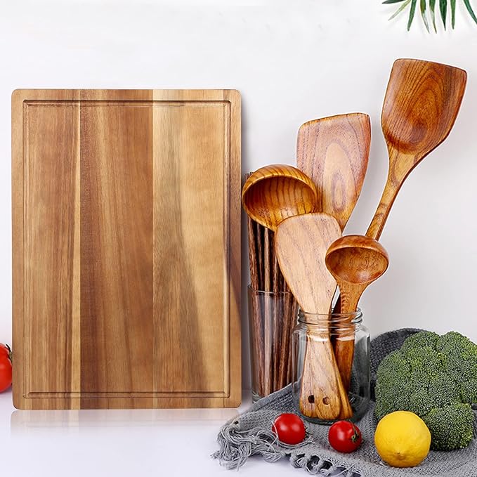 3 Pcs Acacia Wood Cutting Board Set with Holder Stand Meat Chopping Board Set Large Charcuterie Boards Solid Wooden Cutting Boards for Kitchen Decor Carving Butcher Block Bread Serving Cheese Board