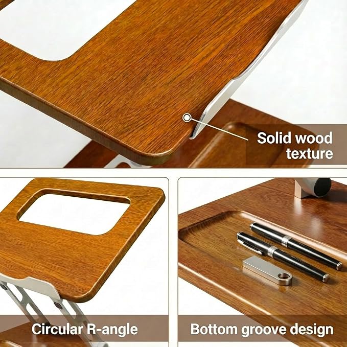 Wooden Laptop Stand with Storage Slot, Ergonomic Adjustable Height & Angle, Ventilated Cooling Design, Foldable for 10-17 Inch Laptops & Tablets