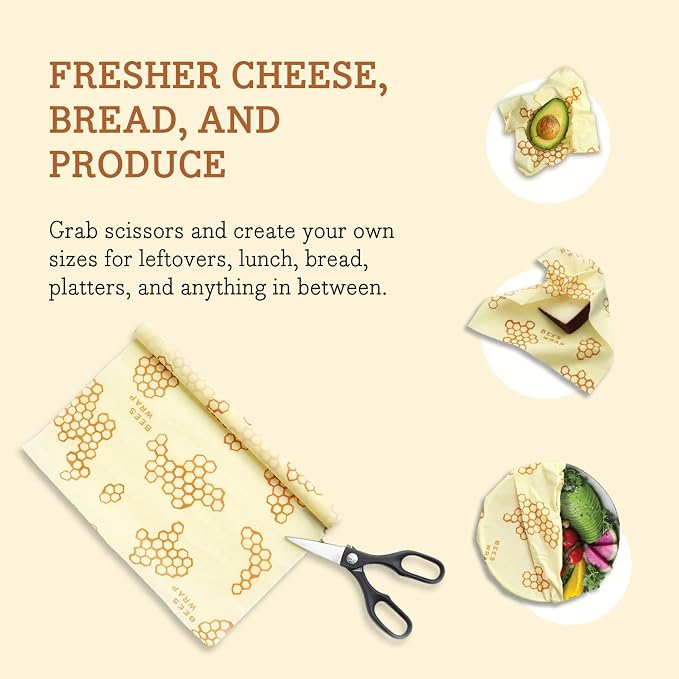 Bee's Wrap Plastic-Free Transition Kit - Beeswax Food Wraps Bundle Includes Cut to Size Honeycomb Roll, 3 Bakery Lane Prints & 3 Honeycomb Prints - Made in the USA Beeswax Reusable Wraps for Food