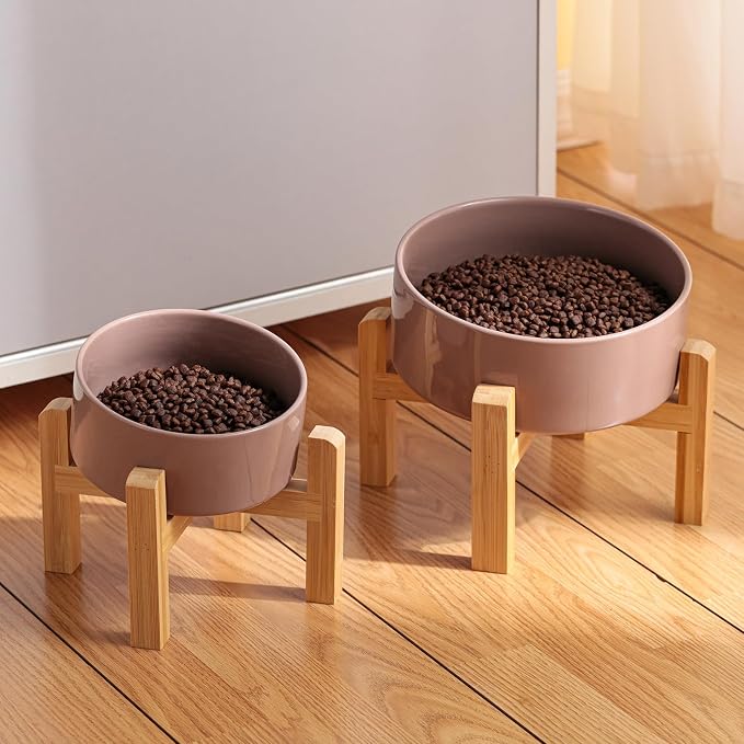Khaki Elevated/Raised 15°Tilted Anti Slip Ceramic Dog Bowl for Small/Medium Breeds,Slanted Bulldog Big Face Pet Food Water Feeding Dish with Stand for Cats and Dogs (3.6 Cups/28 OZ)