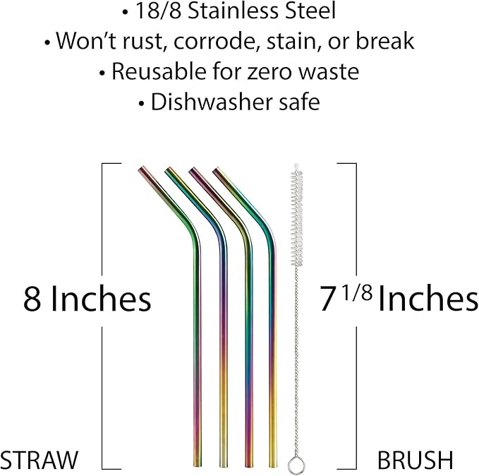 HIC Kitchen Reusable Rainbow Drinking Straws, 18/8 Stainless Steel, Set of 4 Straws with Cleaning Brush