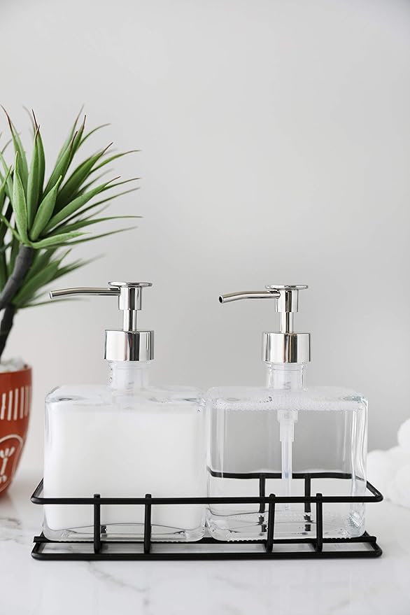 Rail19 Urban Glass Hand and Soap Dispenser Set - Includes Metal Stand Caddy, 8.5oz (Chrome Luxe)