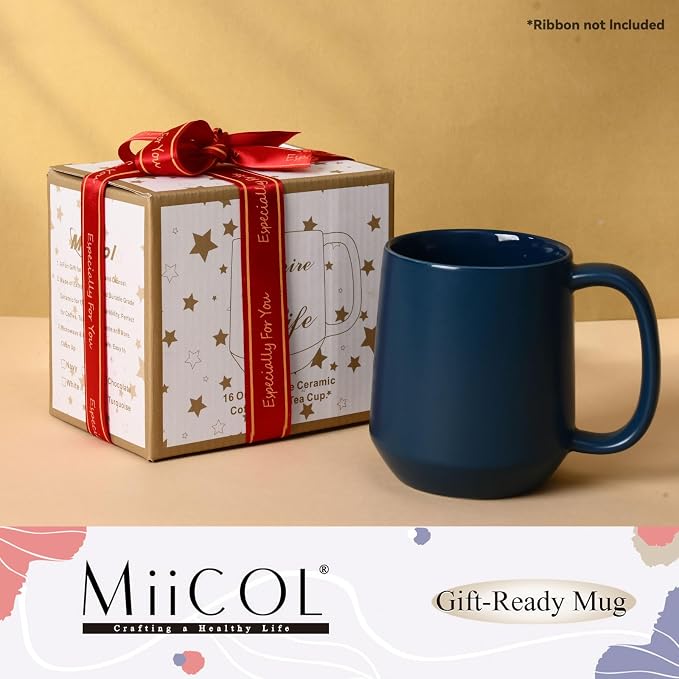 Miicol Ceramic Coffee Mug, 16 oz Large Coffee Cup, Tea Mug with Handle, Flat Bottom Mug for Men, Women, Office, Microwave and Dishwasher Safe, Multi-Color, Navy