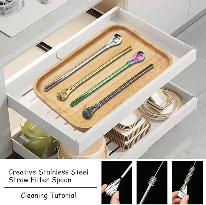 2 Pieces Stainless Steel Straw Spoon Filter with 2 Cleaning Brush, Reusable Tea Spoon for Loose Tea, Yerba Mate Straw, Metal Drinking Straws, Coffee Stirrers for Drinks Milk Beverage (Colorful)