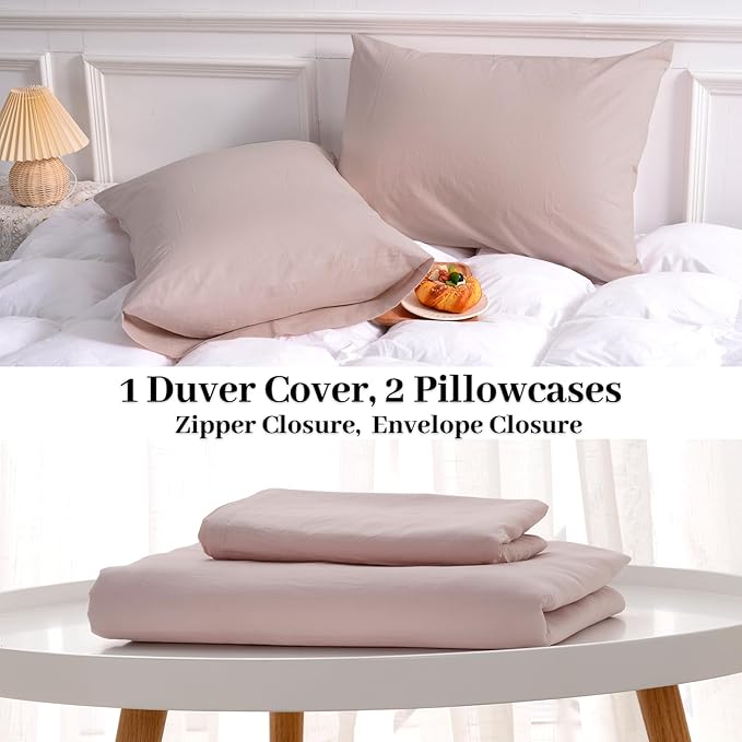 NEXHOME PRO Duvet Cover Set 100% Washed Cotton Full Size Linen Feel Textured Organic Natural 3 Pieces Bedding Set Greyish Light Pink with Zipper Closure and Corner Ties, Breathable(No Comforter)