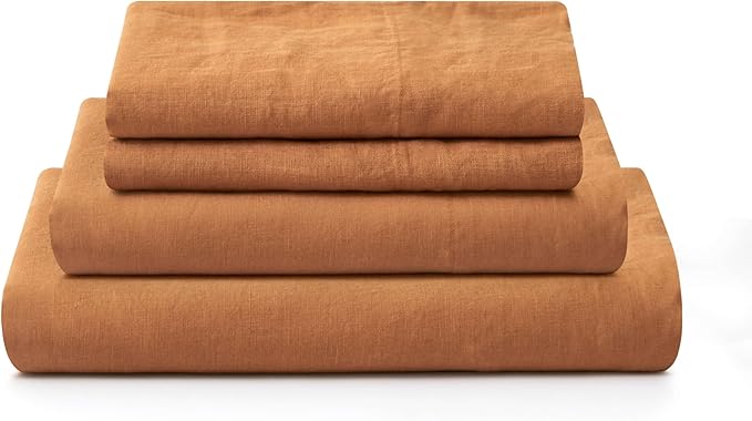 ATLINIA 100% Pure Flax Linen Bedding Set - Stone Washed French Linen Fabric Deep Pocket Fitted Sheet Farmhouse Flat Sheet 2 Pillowcases (Rust, Queen)