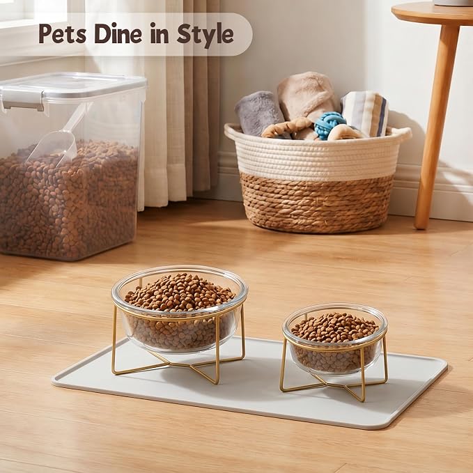 Small Glass Tilted Elevated Cat Dog Bowl Raised Cat Food Water Bowl Dish Pet Comfort Feeding Bowls with Gold Iron Stand
