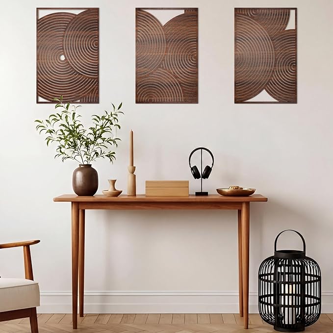 Yerliker 3 Pcs Mid Century Modern Wood Wall Art Decorations 3D Geometric Abstract Wall Sculpture for Living Room Bedroom Office Minimalist Aesthetic(Retro,15.75 x 15.75 x 1.97 Inch)