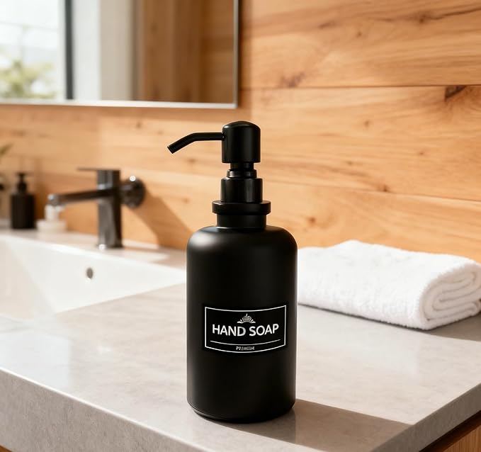 Matte Black Soap Dispenser for Bathroom Kitchen, 17 OZ Liquid Soap Dispenser Large Capacity Cylindrical with Stainless Steel Pump for Dish Hand Soap Vanity Countertop