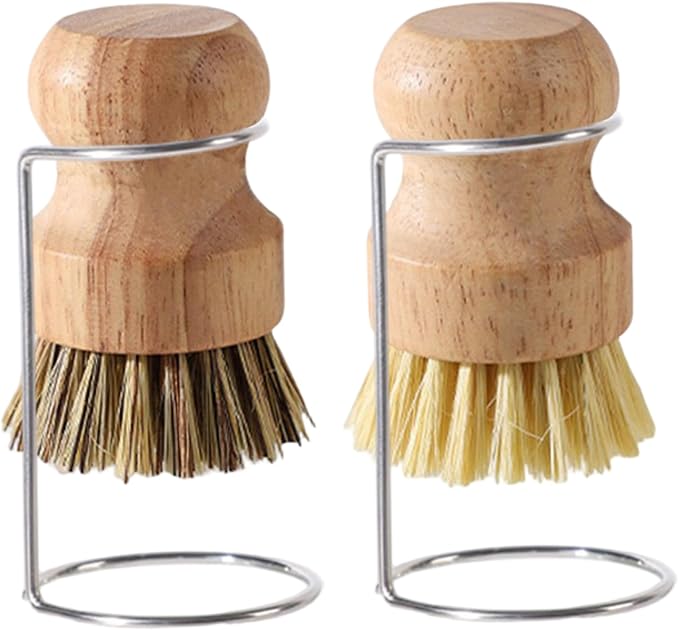 2Pcs Bamboo Dish Brushes Natural Bamboo Dish Scrubber with 2 Drainage Racks Wooden Dishwashing Brush for Washing Dishes Pots Pans and Sink