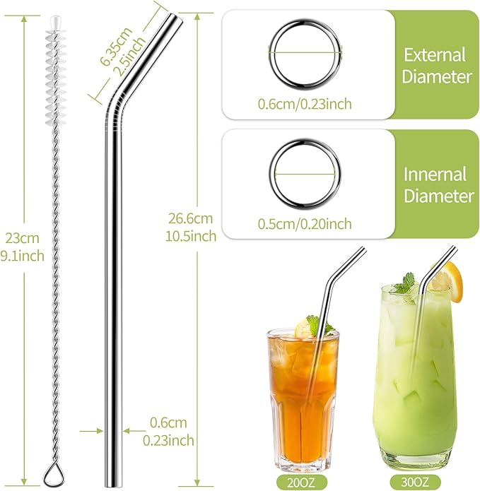 Set of 10 Stainless Steel Straws, HuaQi Bent Reusable Drinking Straws 10.5'' Long 0.24‘’ Dia for 30 oz Tumbler and 20 oz Tumbler, 2 Cleaning Brush Included (10 Bent Staw + 2 Brushes)