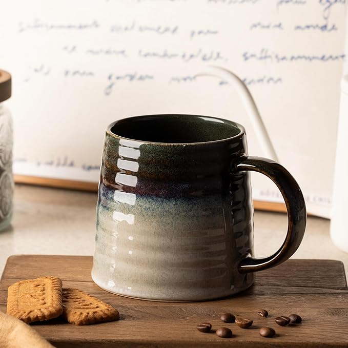 15.5 Oz Large Reactive Glaze Ceramic Mug, Heavy Weighted Stoneware Coffee Cup, Wide Base, Thick Wall Big Tea Cup with Custom Package Box, Microwave & Dishwasher Safe (Green Black)