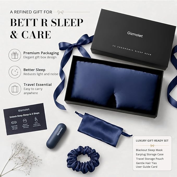 22 Momme Pure Mulberry Silk Sleep Mask, 3D Contoured Cup Eye Mask for Sleeping, Super Soft Breathable Blindfold with Adjustable Strap, Perfect Blocks Light for All Night Sleep, Blue