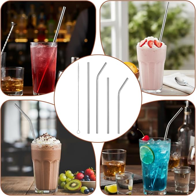 12 Pack Reusable Stainless Steel Straws with 2 Cleaning Brushes, 4 Sizes | Straight & Bent Short Metal Straws, Metal Drinking Straw for Coffee Mugs, Small Glasses or Cups