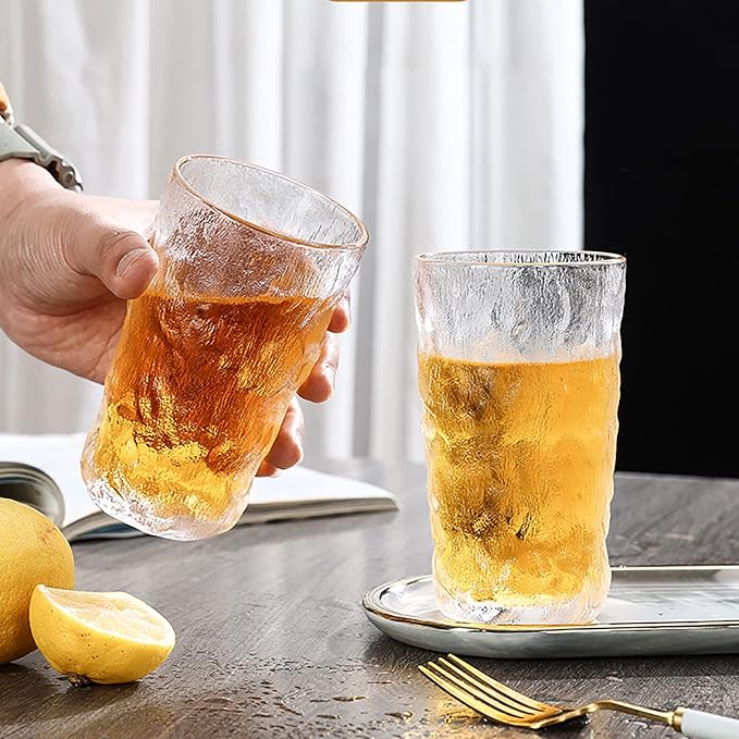 Frcctre 9 Pack Vintage Drinking Glasses, 13 oz Romantic Water Glasses Tumblers Hammered Glacier Beverage Tumblers Vintage Glassware Set for Beverages, Juice, Beer, Water, Cocktails, Whiskey
