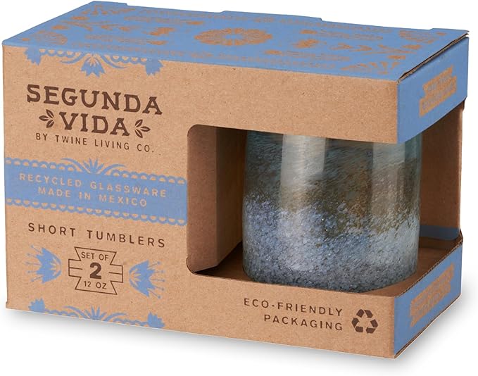 Segunda Vida Playa Bonita Hand-Blown Tumblers, Recycled Drinking Glasses, Coastal Inspired Sea Blue and Sand Design, Mexican Glassware, Decorative Drinkware for Home Bars, 10 oz, Set of 2