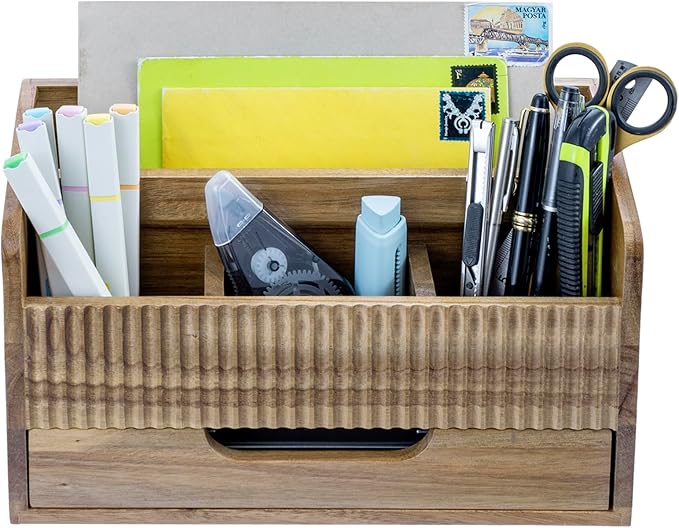 MyGift Premium Acacia Solid Wood Desk Organizer with Mail Sorter, 3 Pencil Cup Compartments & Bottom Storage Drawer, Office Supplies Organizer for Desk or Home Office