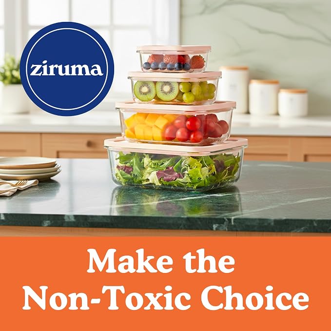 Non-Toxic Glass Food Containers with Lids, 4-Pack, 35 oz, Airtight, Gray | Plastic & BPA free. Glass body, glass lid & platinum silicone seal. Airtight & leakproof. Freezer & microwave safe.