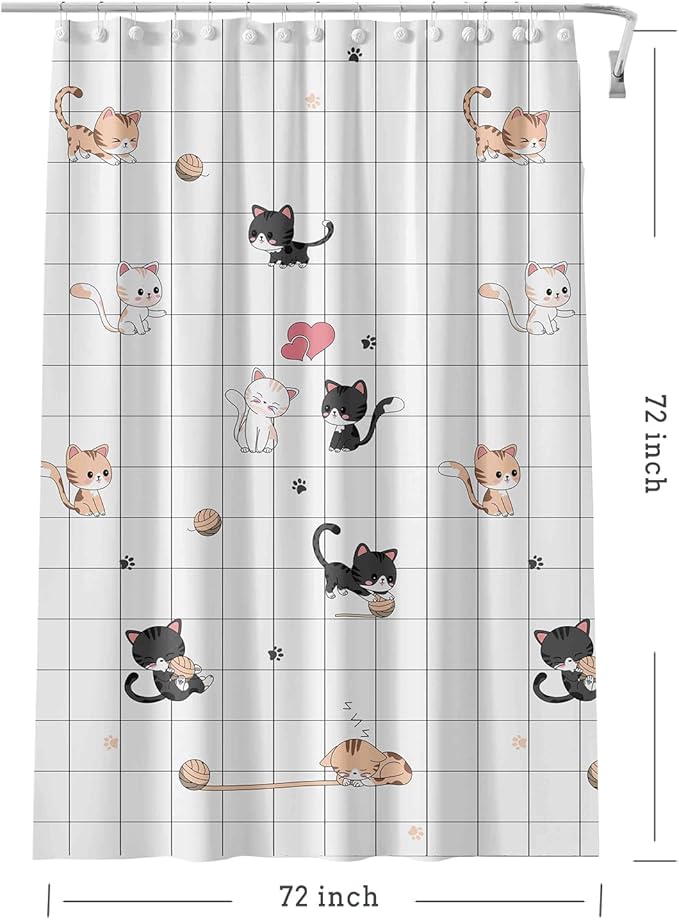 TIKABC Shower Curtain Liner, 4G PEVA Colorful Cat Shower Liner, Plastic Waterproof Shower Curtains, 72x72 inch with Grommet Holes 3 Magnetic Weights