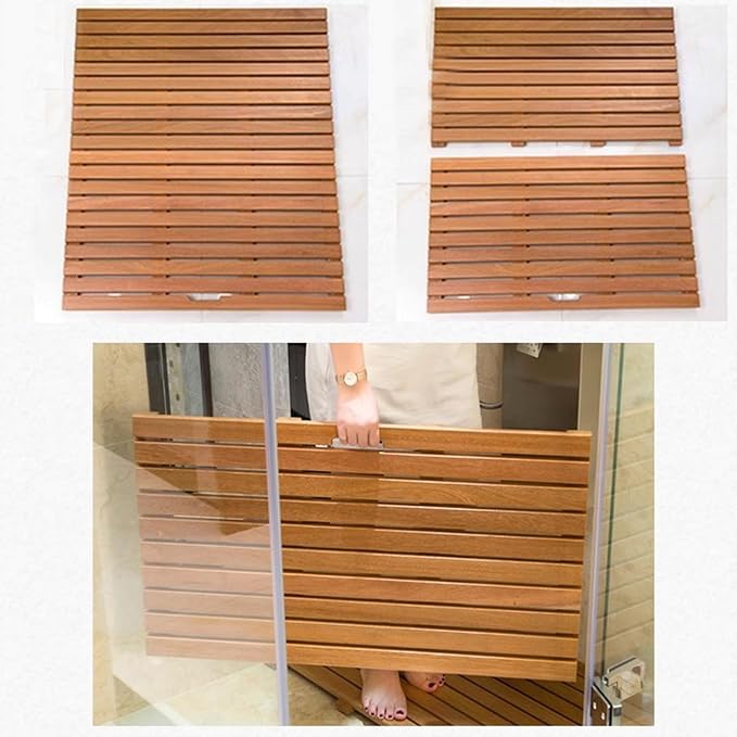 Natural Solid Wood Bath Mat with Handle,Square/Rectangle Shower Mat, Slip Proof Bath Mats for Seniors/K*ids/Pregnant Woman,Indoor Outdoor Wooden Large Floor Mats(70x80cm(28x31inch), Natural)