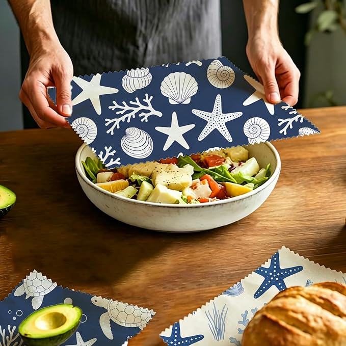 Reusable Beeswax Wraps, 9 Pack Eco-Friendly Food Storage, Organic, Sustainable, Zero Waste, Plastic-Free, Sandwich, Bowl, Fruit, 1XL, 3M, 5S, Navy Blue Turtle Starfish Coral Shell Pattern