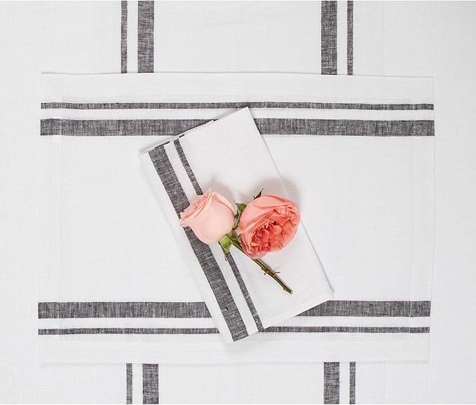 Solino Home Linen Dinner Napkins 20 x 20 Inch - 100% Pure Linen French Stripe Black and White Napkins Set of 4 for Summer