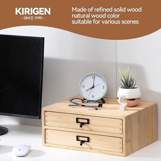 KIRIGEN Wooden Desk Organizer with 2 Drawers, Solid Wood Desktop Storage Cabinet, Shallow Office Drawer Organizer for Printer Paper and Mail, No Assembly, 13.78 W x 10.6 D x 5.9 H Inch, FAX-NA