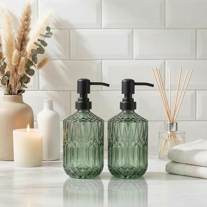 2-Pack Green Glass Soap Dispenser for Bathroom, Decorative Hand Soap Dispenser with Black Rust Proof Pump, Farmhouse Kitchen Soap Dispenser for Hand Soap, Dish Soap, Lotion, Body Wash (14 OZ)