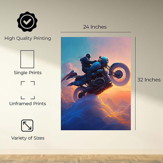 InkFlow Posters Motorcycle Rider Poster - Futuristic Biker in the Clouds - Surreal Sunset Art for Living Room, Bedroom, Home - Adventure-Themed Graphic Print - 24x32 Unframed Canvas Print