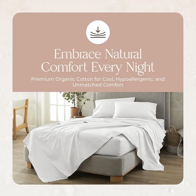 Certified Organic Twin Flat Sheet Only - 100% Organic Cotton Top Sheet with Luxurious Soft and Breathable 500 Thread Count Sateen Weave Finish - GOTS & Fairtrade Certified (White, Twin)