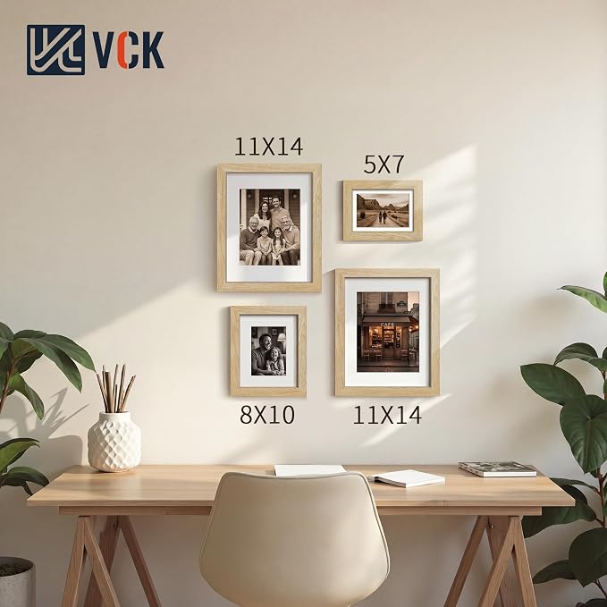 VCK 11x14 Picture Frames Natural - 3 Pack, Wide Border Solid Wood, Tempered Glass, Display 8.5x11 Photo with Mat or 11 x 14 Without, for Home, Office, Gallery, Woodgrain Series, Wall Hanging