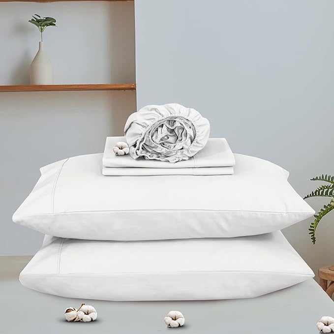 RUVANTI 100% Cotton Organic Percale Sheets Queen Size – Crisp Cooling Bed Sheets for Hot Sleepers, Deep Pocket 15”, Soft Peach Finish, Breathable & Durable Hotel-Style 4 Pcs, Bit of Blue