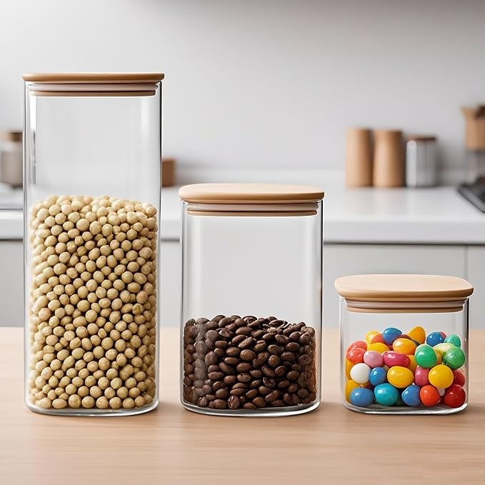 Rectangle Glass Jars with Lids - Glass Food Storage Containers with Bamboo Lids - Spaghetti Storage Jar - Stacking Tea Coffee Sugar Canisters - Airtight Storage Jar (16.91oz*2+40.58oz*2+60.87oz*1)