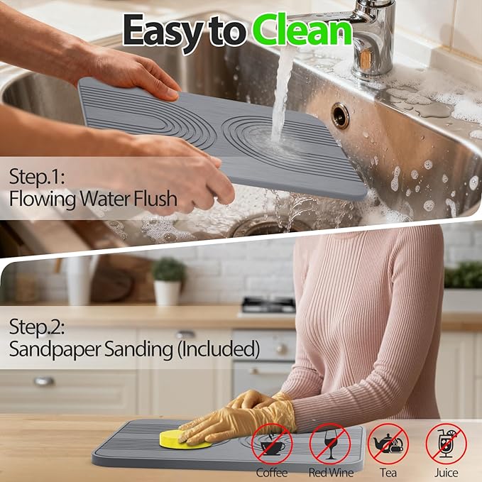 2 PCS Stone Dish Drying Mat & Silicone Mat for Kitchen Counter – Diatomaceous Earth Bath Mat for Bathroom, 16.14"L×12.4"W×2 Quick Dry Mats for Dishes ,Bottles, Cups, Match Any Countertop(Gray)