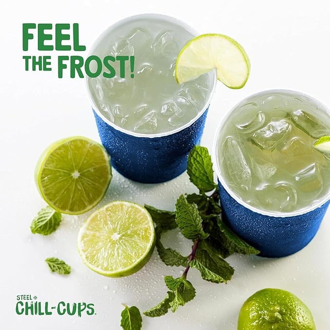 Steel Chill Cups 16 oz. Party Cups, Perfect for Cold Drinks, Sturdy & Durable, Disposable and 100% Recyclable, Made in USA, Blue, 12 Count